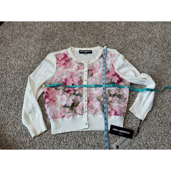 NWT - Karl Lagerfeld sweater, Small; 3D Floral Cropped white & Pink Cardigan - Picture 3 of 8